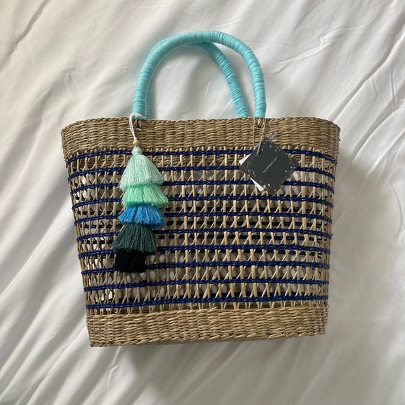 Haute Hippie Handbags - NWT Haute Hippie Rattan Woven Tote Bag Straw Purse in Natural Tan Navy Turquoise